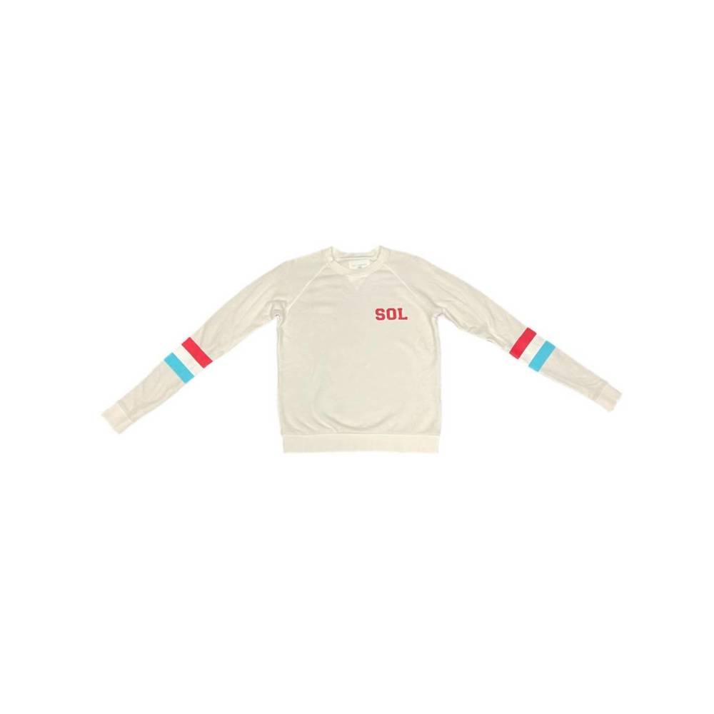 Sol Angeles Cream Crewneck Sweater with Red and Teal Sleeve Stripes